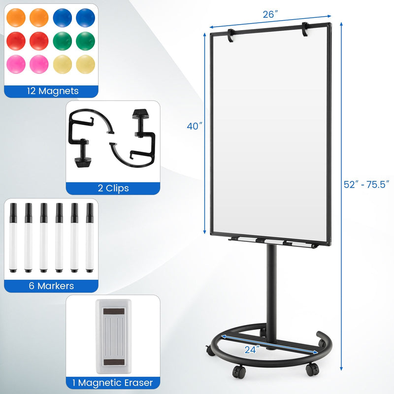 Height-Adjustable Mobile Whiteboard with Round Stand Paper Clips-Black