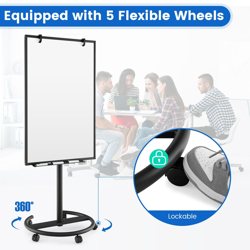 Height-Adjustable Mobile Whiteboard with Round Stand Paper Clips-Black