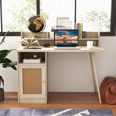 48 Inch Computer Desk with Hutch and PE Rattan Cabinet Shelves-Oak