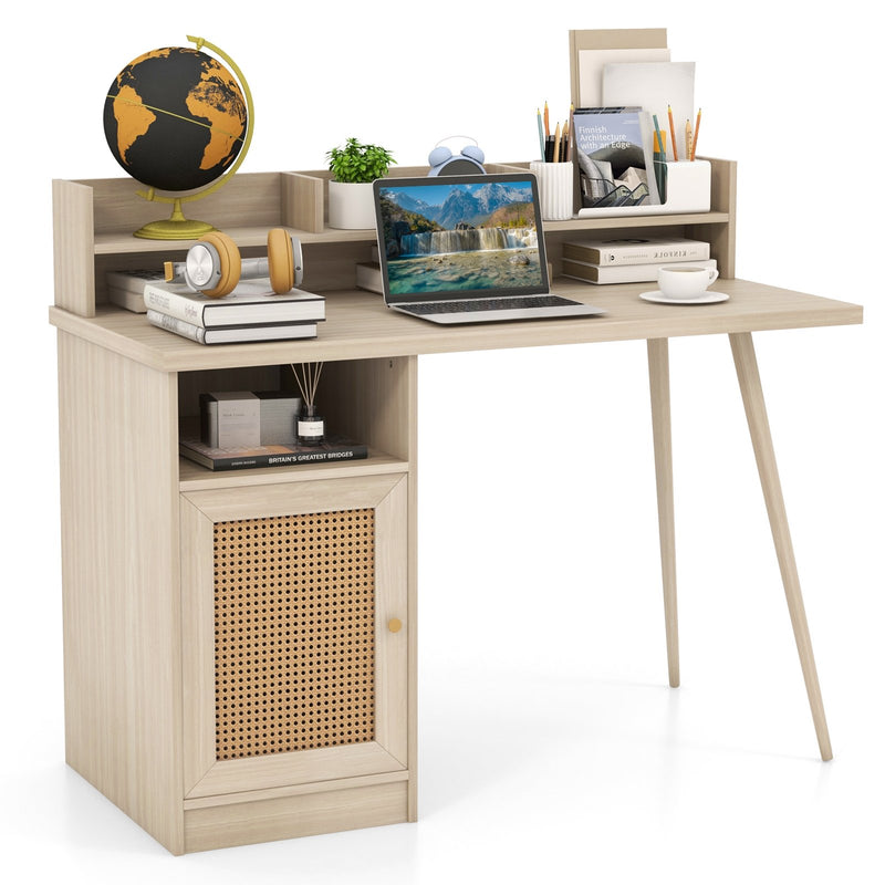 48 Inch Computer Desk with Hutch and PE Rattan Cabinet Shelves-Walnut