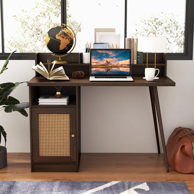 48 Inch Computer Desk with Hutch and PE Rattan Cabinet Shelves-Walnut