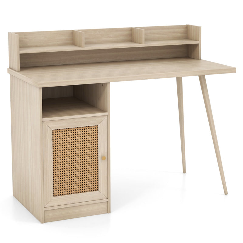 48 Inch Computer Desk with Hutch and PE Rattan Cabinet Shelves-Oak