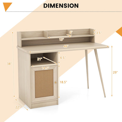 48 Inch Computer Desk with Hutch and PE Rattan Cabinet Shelves-Oak