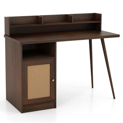 48 Inch Computer Desk with Hutch and PE Rattan Cabinet Shelves-Walnut