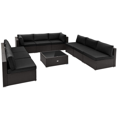 10 Piece Outdoor Wicker Conversation Set with Seat and Back Cushions-Black