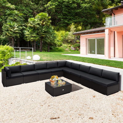 10 Piece Outdoor Wicker Conversation Set with Seat and Back Cushions-Black