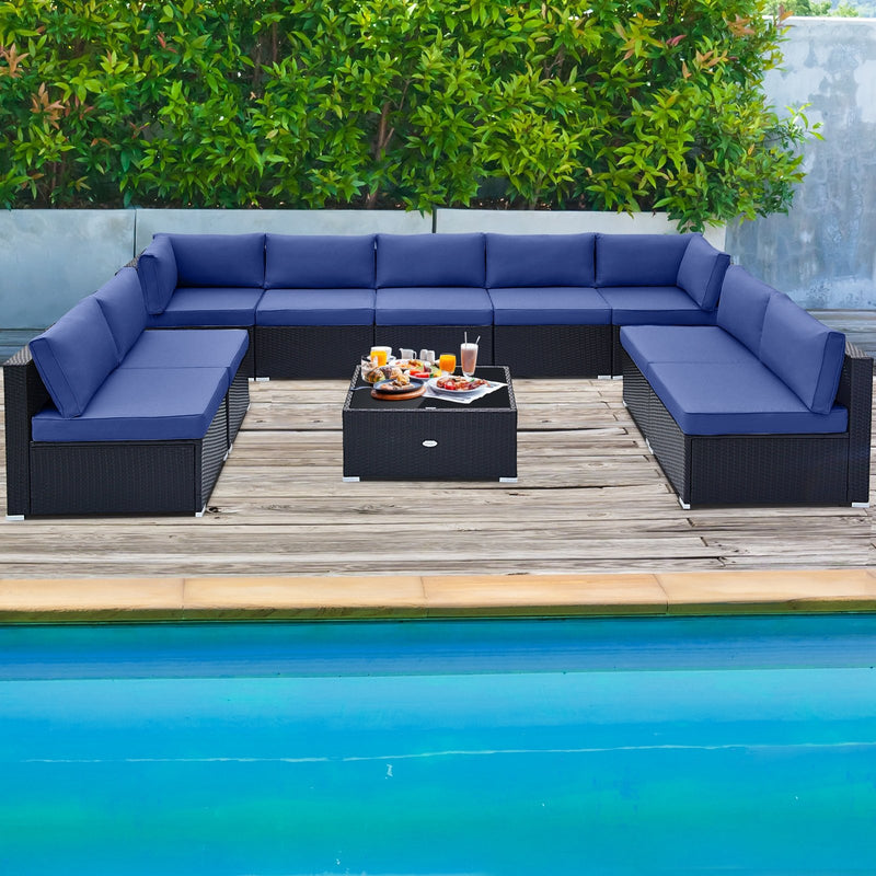 10 Piece Outdoor Wicker Conversation Set with Seat and Back Cushions-Navy