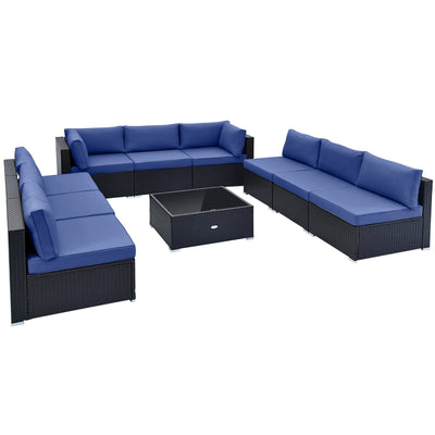 10 Piece Outdoor Wicker Conversation Set with Seat and Back Cushions-Navy