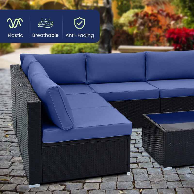 10 Piece Outdoor Wicker Conversation Set with Seat and Back Cushions-Navy