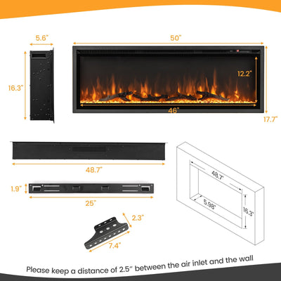 50 Inches Electric Fireplace in-Wall Recessed with Remote Control and Adjustable Color and Brightness-50 inches