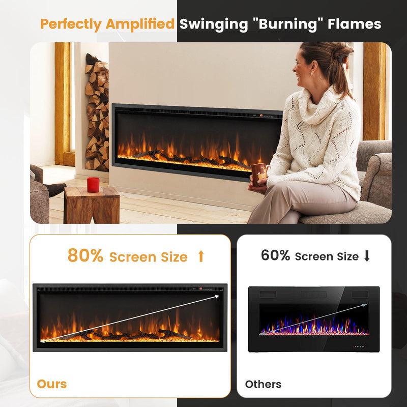 50 Inches Electric Fireplace in-Wall Recessed with Remote Control and Adjustable Color and Brightness-50 inches