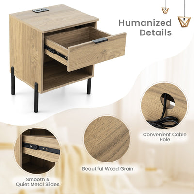 Modern Nightstand with Charging Station-Natural