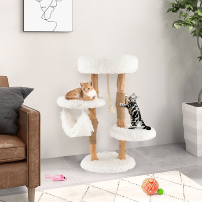 Solid Wood Cat Tower with Jute Scratching Posts and Hanging Rope for Indoor Cats