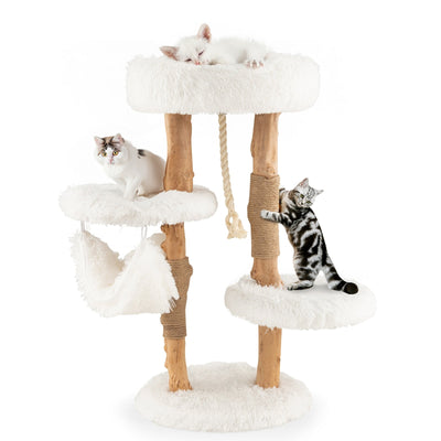 Solid Wood Cat Tower with Jute Scratching Posts and Hanging Rope for Indoor Cats