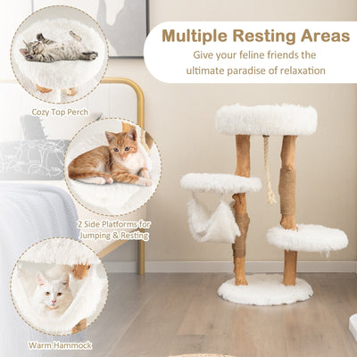 Solid Wood Cat Tower with Jute Scratching Posts and Hanging Rope for Indoor Cats