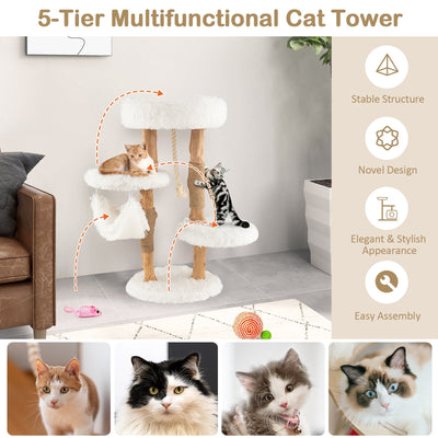 Solid Wood Cat Tower with Jute Scratching Posts and Hanging Rope for Indoor Cats