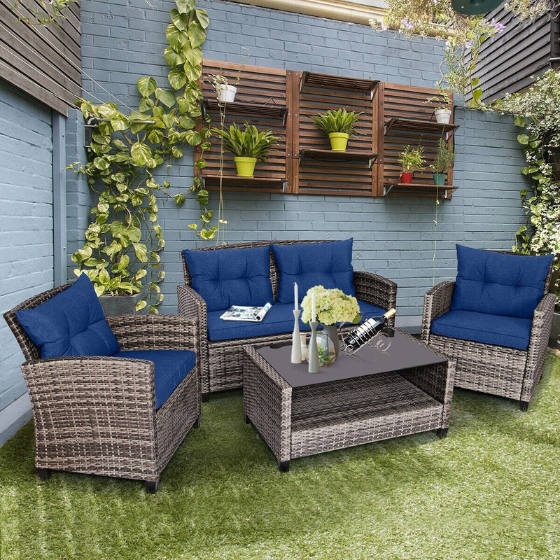 4 Pieces Patio Rattan Furniture Set Coffee Table Cushioned Sofa-Navy