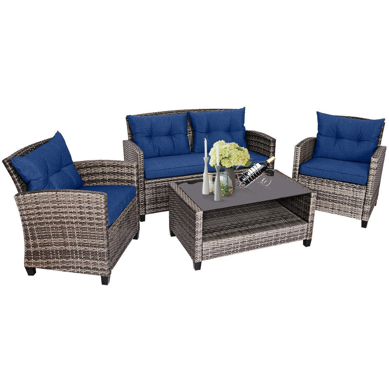 4 Pieces Patio Rattan Furniture Set Coffee Table Cushioned Sofa-Navy