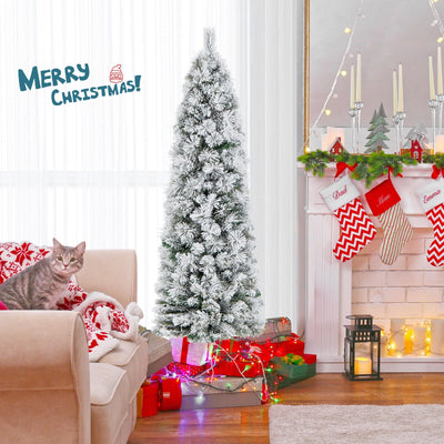 4.5/6/7 Feet Christmas Tree with 258 Branch Tips and 100 Incandescent Lights-Flocked and Slim-4.5 ft