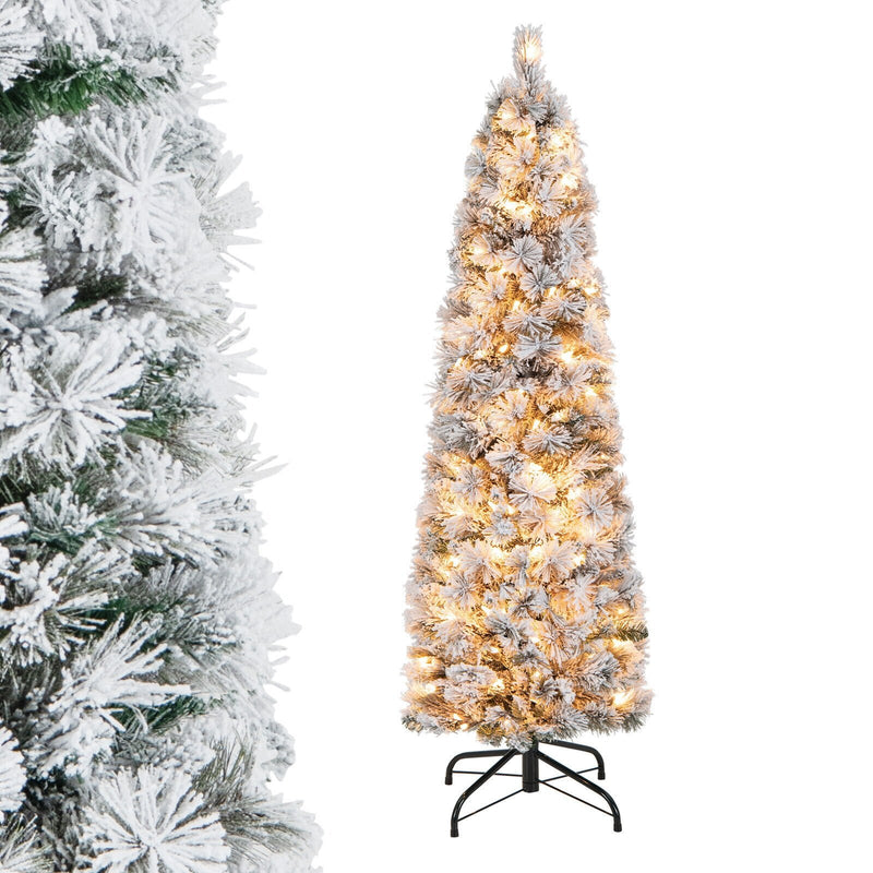 4.5/6/7 Feet Christmas Tree with 258 Branch Tips and 100 Incandescent Lights-Flocked and Slim-4.5 ft