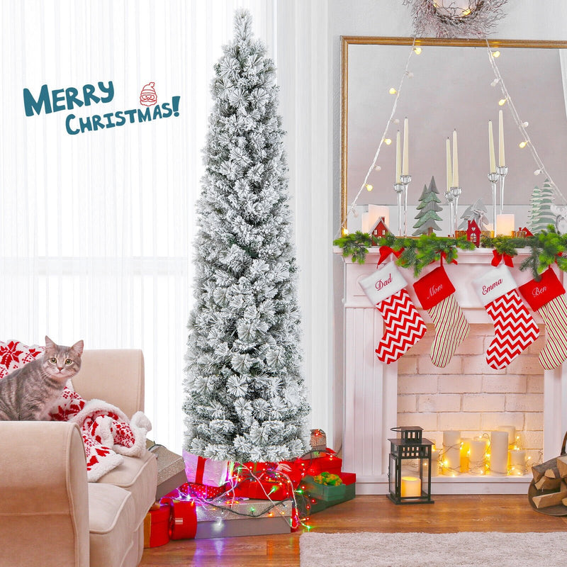 4.5/6/7 Feet Christmas Tree with 258 Branch Tips and 100 Incandescent Lights-Flocked and Slim-6 Feet