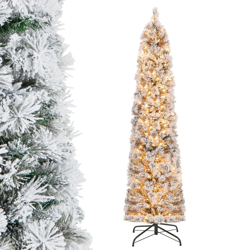 4.5/6/7 Feet Christmas Tree with 258 Branch Tips and 100 Incandescent Lights-Flocked and Slim-6 Feet