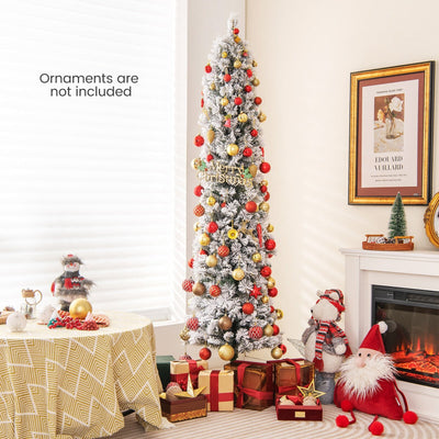 4.5/6/7 Feet Christmas Tree with 258 Branch Tips and 100 Incandescent Lights-Flocked and Slim-6 Feet