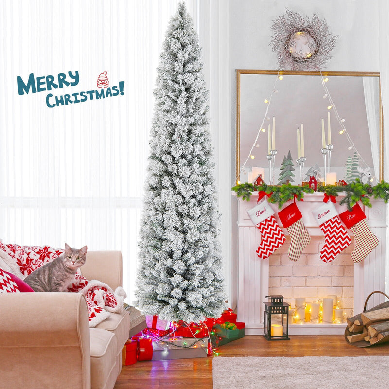 4.5/6/7 Feet Christmas Tree with 258 Branch Tips and 100 Incandescent Lights-Flocked and Slim-7 ft