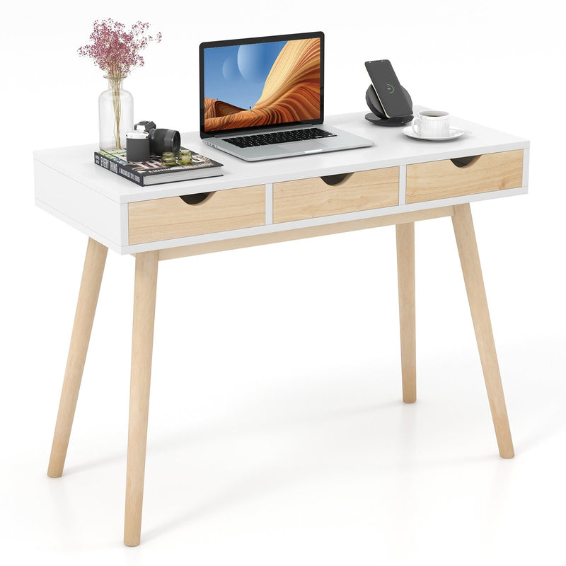 Computer Desk with 3 Drawers and Solid Rubber Wood Legs for Home Office