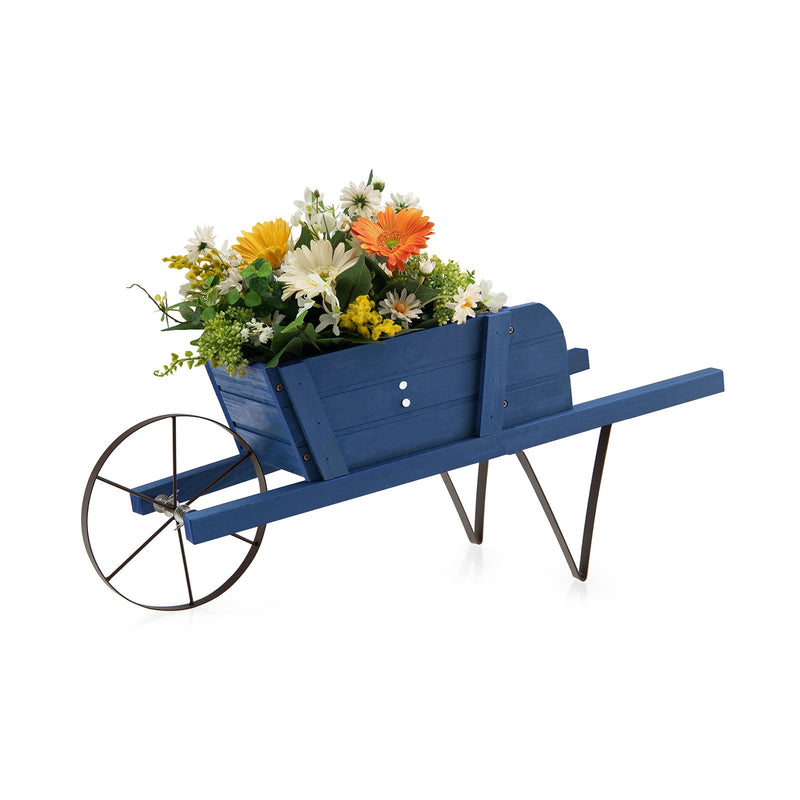 Wooden Wagon Planter with 9 Magnetic Accessories for Garden Yard-Blue