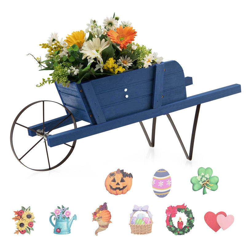 Wooden Wagon Planter with 9 Magnetic Accessories for Garden Yard-Blue