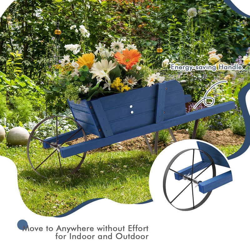 Wooden Wagon Planter with 9 Magnetic Accessories for Garden Yard-Blue