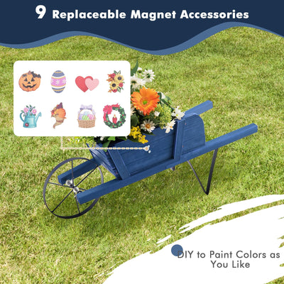 Wooden Wagon Planter with 9 Magnetic Accessories for Garden Yard-Blue