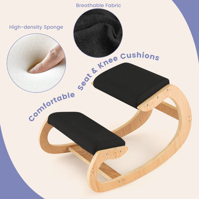 Wooden Rocking Chair with Comfortable Padded Seat Cushion and Knee Support-Black