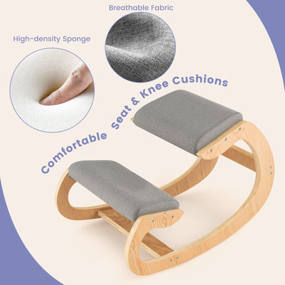 Wooden Rocking Chair with Comfortable Padded Seat Cushion and Knee Support-Gray