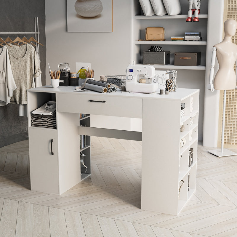 Counter Height Sewing Craft Table Computer Desk with Adjustable Shelves and Drawer-White