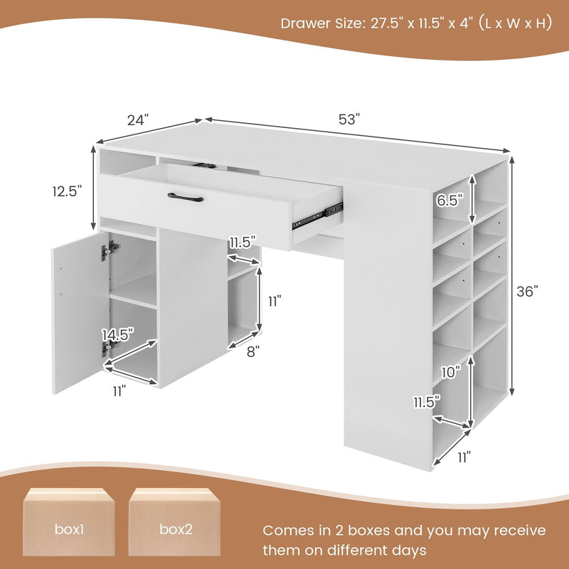 Counter Height Sewing Craft Table Computer Desk with Adjustable Shelves and Drawer-White