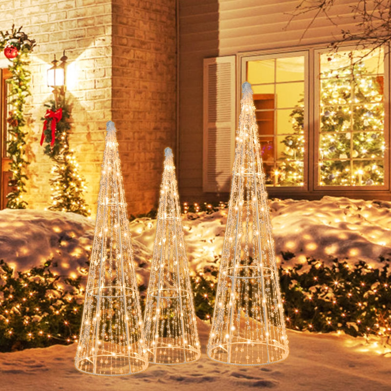 Set of 3 Pre-lit Christmas Cone Trees with Star Strings