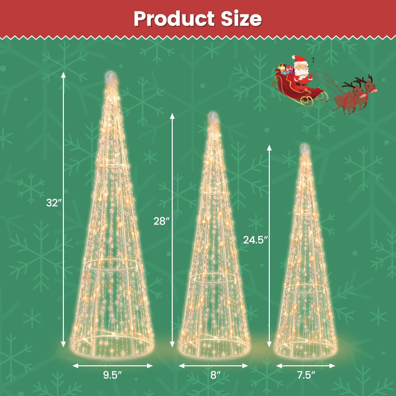 Set of 3 Pre-lit Christmas Cone Trees with Star Strings