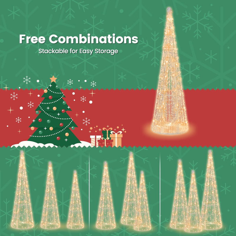 Set of 3 Pre-lit Christmas Cone Trees with Star Strings