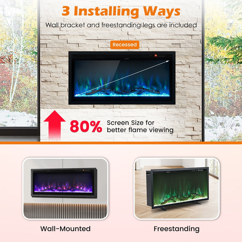 Electric Fireplace in-Wall Recessed with Remote Control and Adjustable Color and Brightness-36 inches