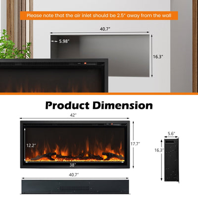 Electric Fireplace in-Wall Recessed with Remote Control and Adjustable Color and Brightness-42 inches