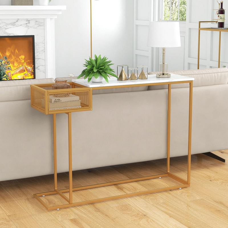 Rectangular White Faux Marble Console Table with Storage-Gold