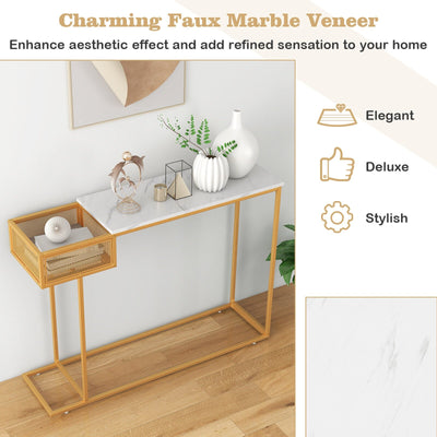 Rectangular White Faux Marble Console Table with Storage-Gold