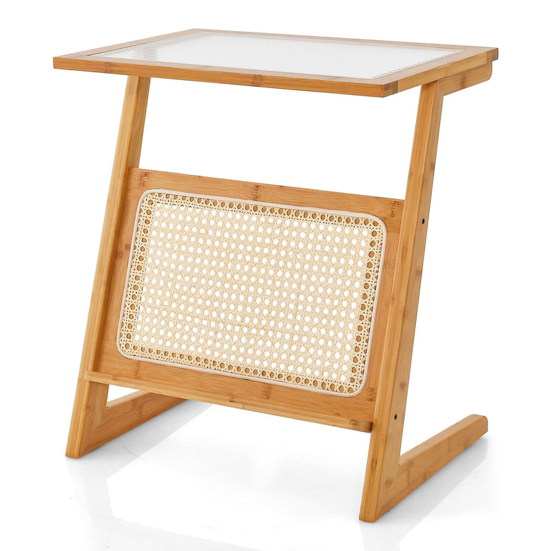 Z-shaped End Table with Magazine Rack and Rattan Shelf-Natural