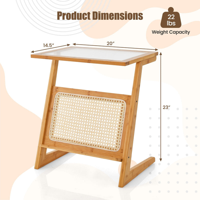 Z-shaped End Table with Magazine Rack and Rattan Shelf-Natural