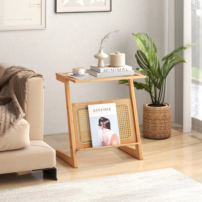 Z-shaped End Table with Magazine Rack and Rattan Shelf-Natural