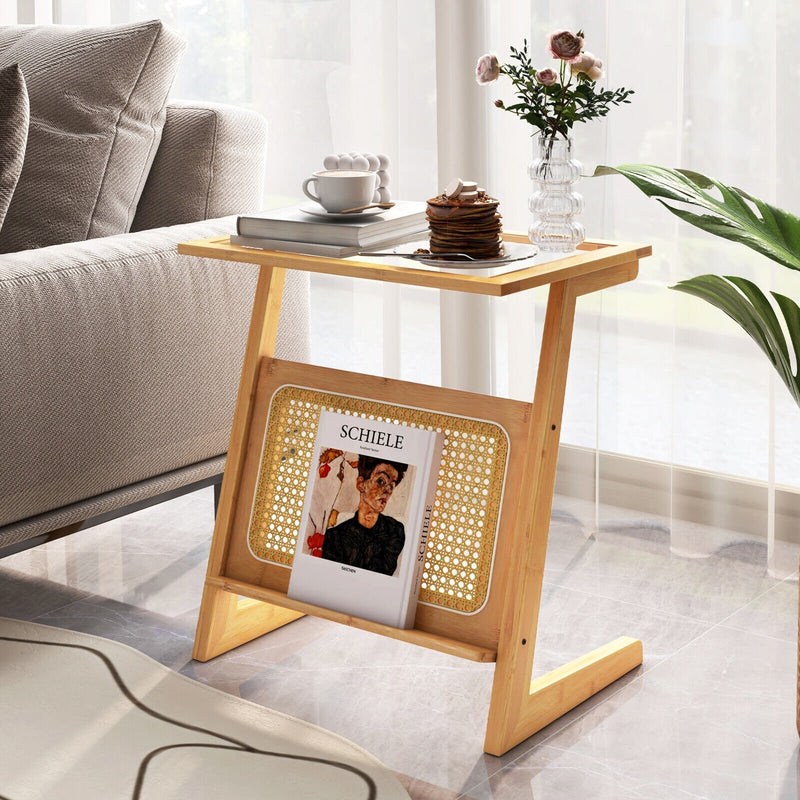 Z-shaped End Table with Magazine Rack and Rattan Shelf-Natural