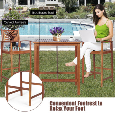 3 Pieces Acacia Wood Patio Bar Set with Sunflower Patterned Backrest