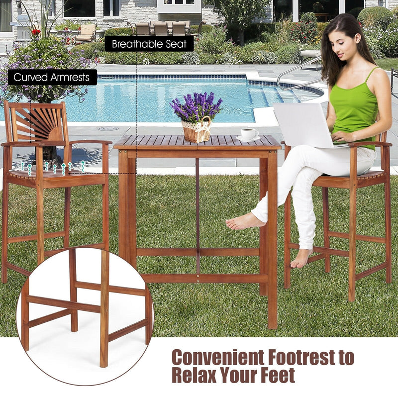 3 Pieces Acacia Wood Patio Bar Set with Sunflower Patterned Backrest